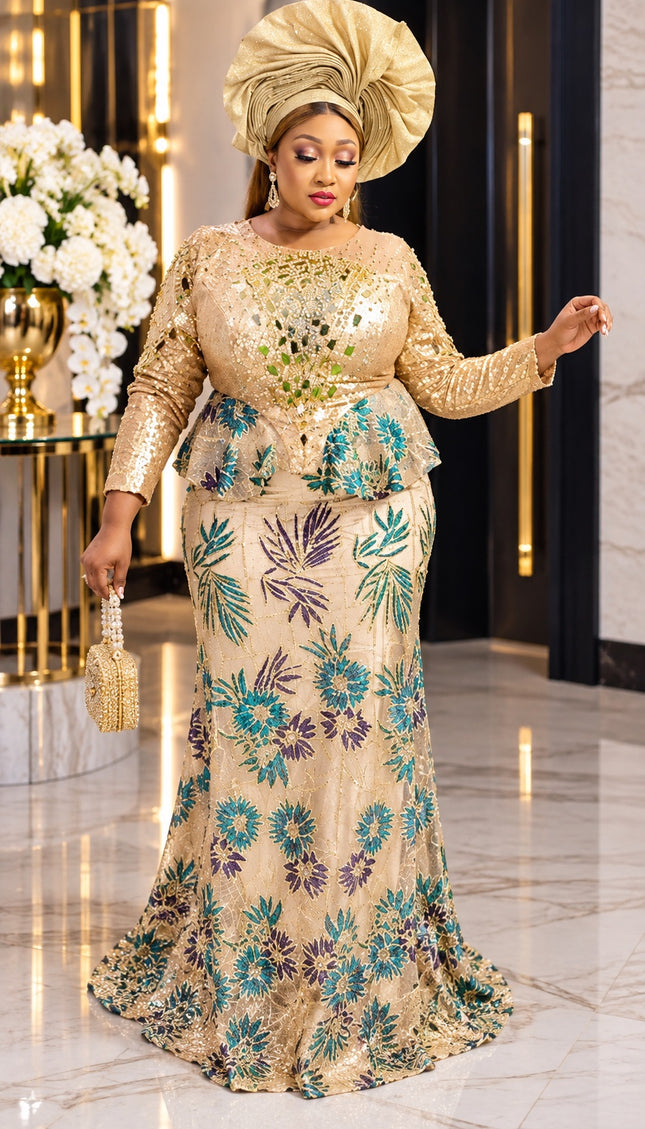 Luxury Gold Sequin Peplum Maxi Dress for Mother of The Bride Wedding Guest Birthday Party Formal Evening Gown Church Anniversary Gala Plus Size
