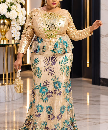 Luxury Gold Sequin Peplum Maxi Dress for Mother of The Bride Wedding Guest Birthday Party Formal Evening Gown Church Anniversary Gala Plus Size
