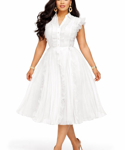 White Dramatic Ruffle Pleated Fit & Flare Twirl Skater Midi Dress: Summer Wedding Guest Graduation Dinner Birthday Cocktail Party Reception