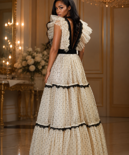 Elegant Dotted Tulle Evening Gown with Dramatic Tiered Ruffles and Velvet Ribbon Accent, Wedding Guest Bridal Photoshoot Birthday Party Gala Cocktail Reception