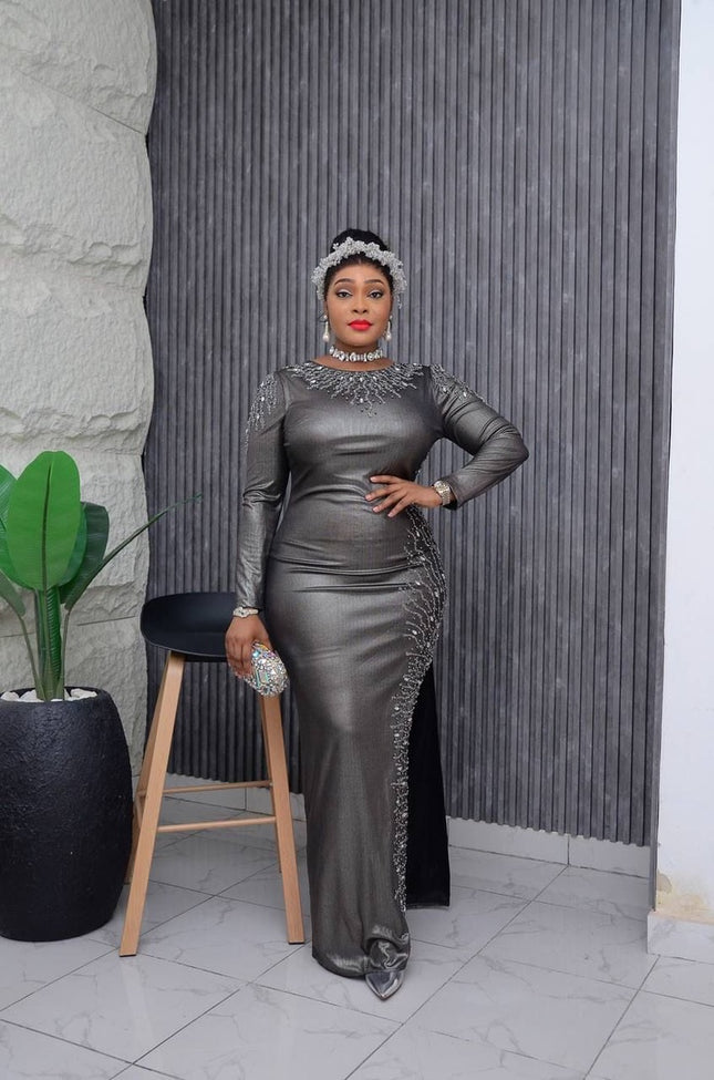 Metallic Embellished Side Slit Maxi Dress | Wedding Guest Birthday Party