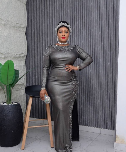 Metallic Embellished Side Slit Maxi Dress | Wedding Guest Birthday Party