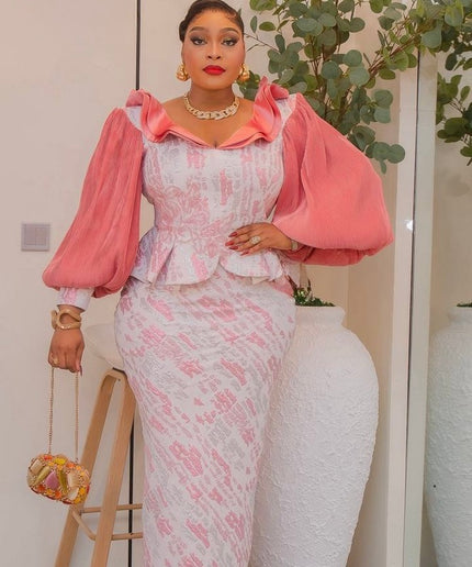 Stunning Pink Brocade Bishop Sleeve Ruffle Peplum Dress: Mother of The Bride Attire Wedding Guest Outfit Birthday Party Cocktail