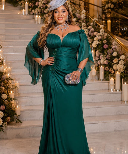 Glamorous Red Off-The-Shoulder Summer Wedding Guest Dress Ruched 3D Rosette Cape-Style Sleeve Draped Formal Evening Gown for Mother of The Bride Anniversary Gala Birthday Party Outfit Plus Size