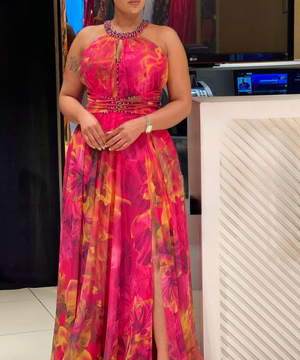 Halter Neck Wedding Guest Dress, Curvy Mother of The Bride A-Line Gown, Birthday Party Anniversary Dinner Dance Reception