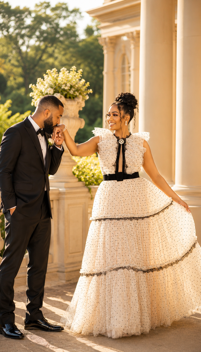 Elegant Dotted Tulle Evening Gown with Dramatic Tiered Ruffles and Velvet Ribbon Accent, Wedding Guest Bridal Photoshoot Birthday Party Gala Cocktail Reception