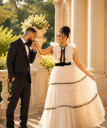 Elegant Dotted Tulle Evening Gown with Dramatic Tiered Ruffles and Velvet Ribbon Accent, Wedding Guest Bridal Photoshoot Birthday Party Gala Cocktail Reception