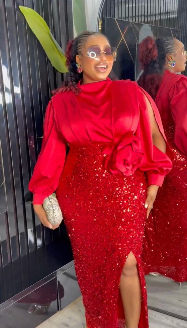 Sparkly Red Sequin Wedding Guest Dress Slit Sleeve, Plus Size Evening Wear Mother of The Bride, Cocktail Gala Reception Party Birthday
