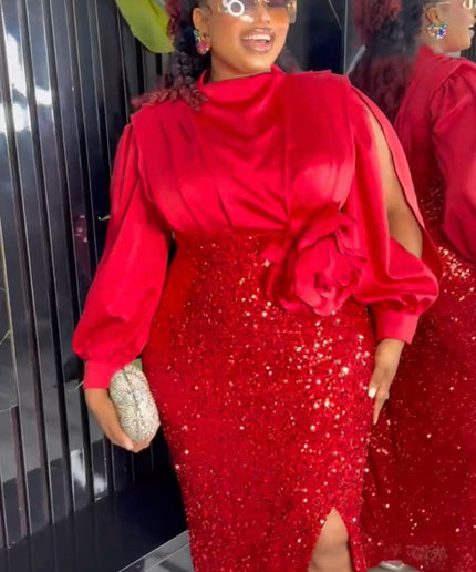 Purple Sequin Wedding Guest Dress Slit Sleeve, Plus Size Evening Wear Mother of The Bride, Cocktail Anniversary Party Birthday
