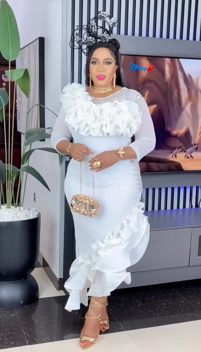 White Asymmetric Ruffle Embellished Asymmetric Dress