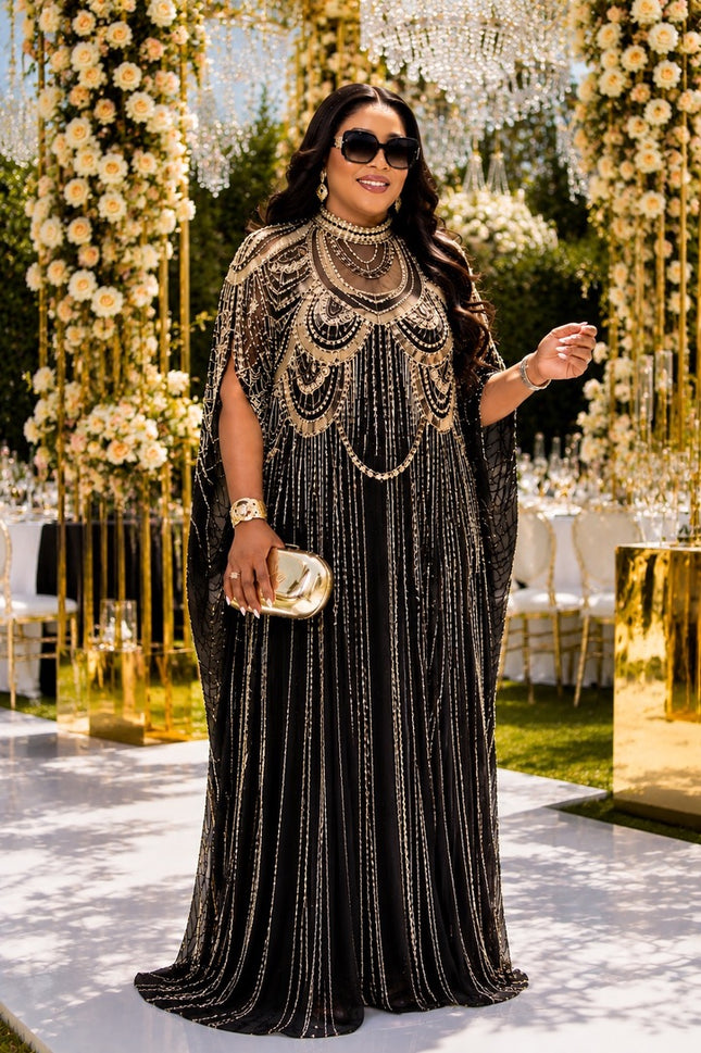 "High Table Guest" Gold Crystal-Embellished Cape Caftan Dress for Birthday Party Celebrant Mother of The Groom Wedding Guest Formal Evening Gown Plus Size