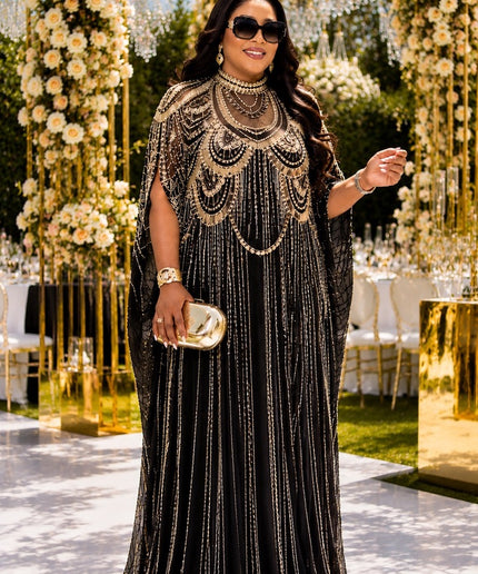 "High Table Guest" Gold Crystal-Embellished Cape Caftan Dress for Birthday Party Celebrant Mother of The Groom Wedding Guest Formal Evening Gown Plus Size