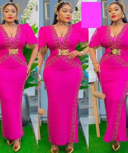 Fringe Beaded Cap Sleeve Embellished Maxi Dress