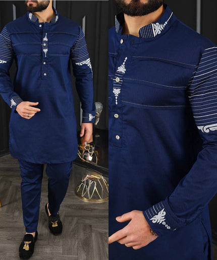 Black Embroidered Mandarin Collar Shirt & Pants Men's 2-Piece Set, Wedding Guest Outfit Groom Groomsmen Graduation Birthday Party