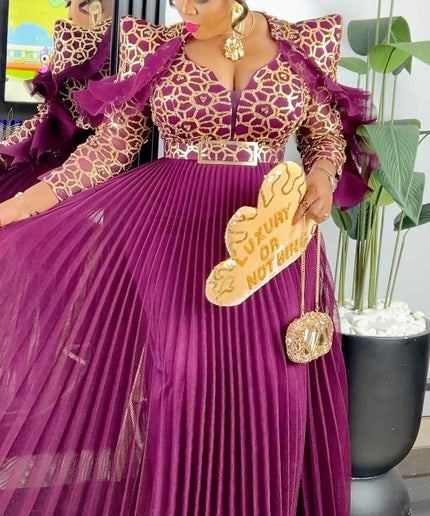 Pink Embellished Ruffle Long Sleeve Pleated Maxi Dress