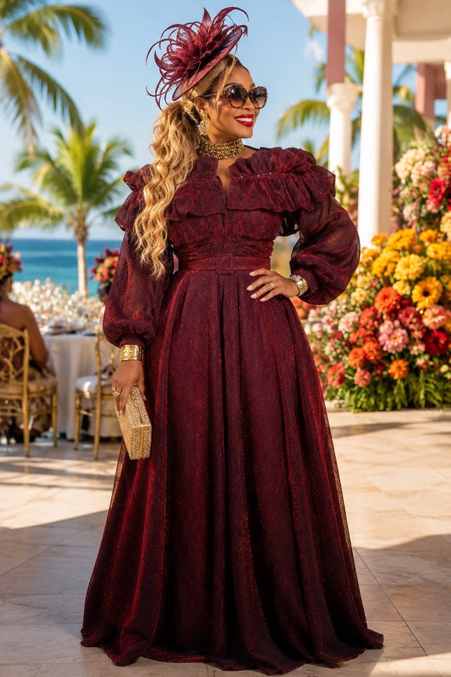 Blue Off-The-Shoulder Ruffle Puff Sleeve A-Line Dress for Mother of The Bride Wedding Guest Outfit Birthday Party Holiday Cocktail Reception