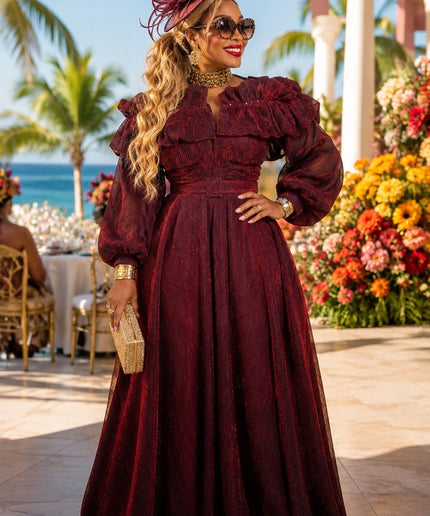 Blue Off-The-Shoulder Ruffle Puff Sleeve A-Line Dress for Mother of The Bride Wedding Guest Outfit Birthday Party Holiday Cocktail Reception