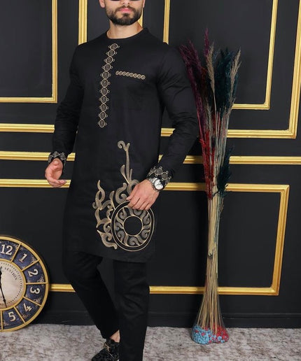 African Men's Traditional Wedding Attire, Black Embroidered Shirt & Pants Cotton 2-Piece Set, Groom Groomsmen Outfit Graduation Birthday Party