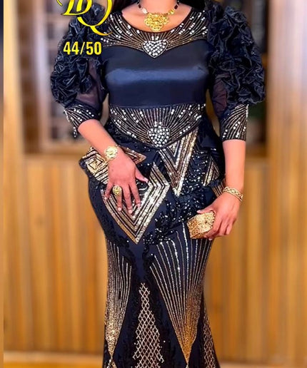 Dramatic Sleeve Sequin Peplum Maxi Dress | Wedding Guest Birthday Party Mother of The Bride
