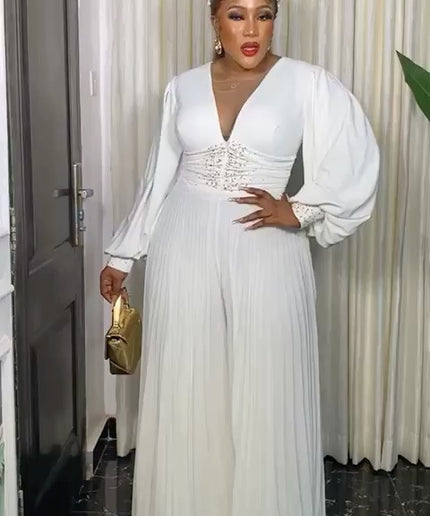White Pleated Embellished Wide Leg Jumpsuit
