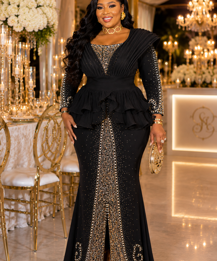 Classy White Rhinestone Structured Shoulder Ruffle Peplum Stretch Maxi Dress - Mother of The Bride Birthday Party Cocktail Reception Summer Wedding Guest Outfit Plus Size Formal Evening Gown