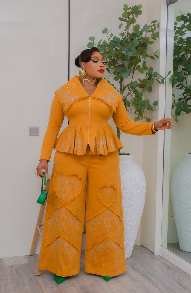 Red Denim & Diamonds 2-Piece Set, Curvy Stretch Jeans Rhinestone Peplum Top + Wide-Leg Pants, Statement Birthday Outfit