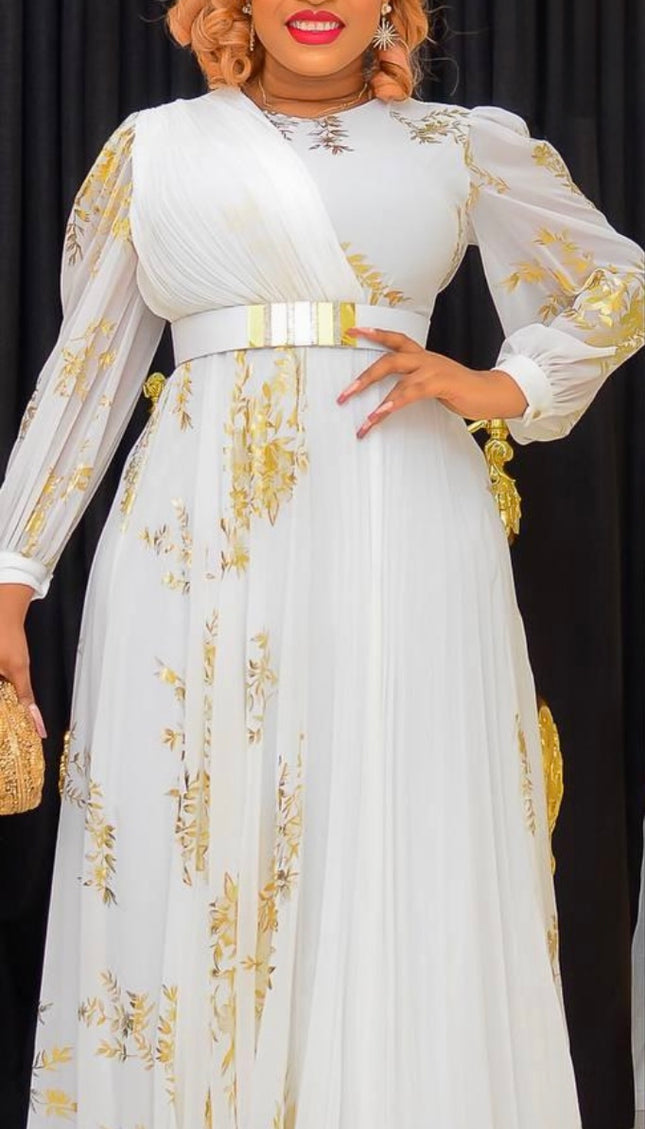 White & Gold Long Sleeve Pleated Flare Maxi Dress for Wedding Guest Birthday Party Cocktail