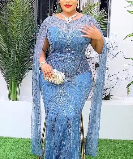 Beaded Embellished Cape Sleeve Maxi Dress