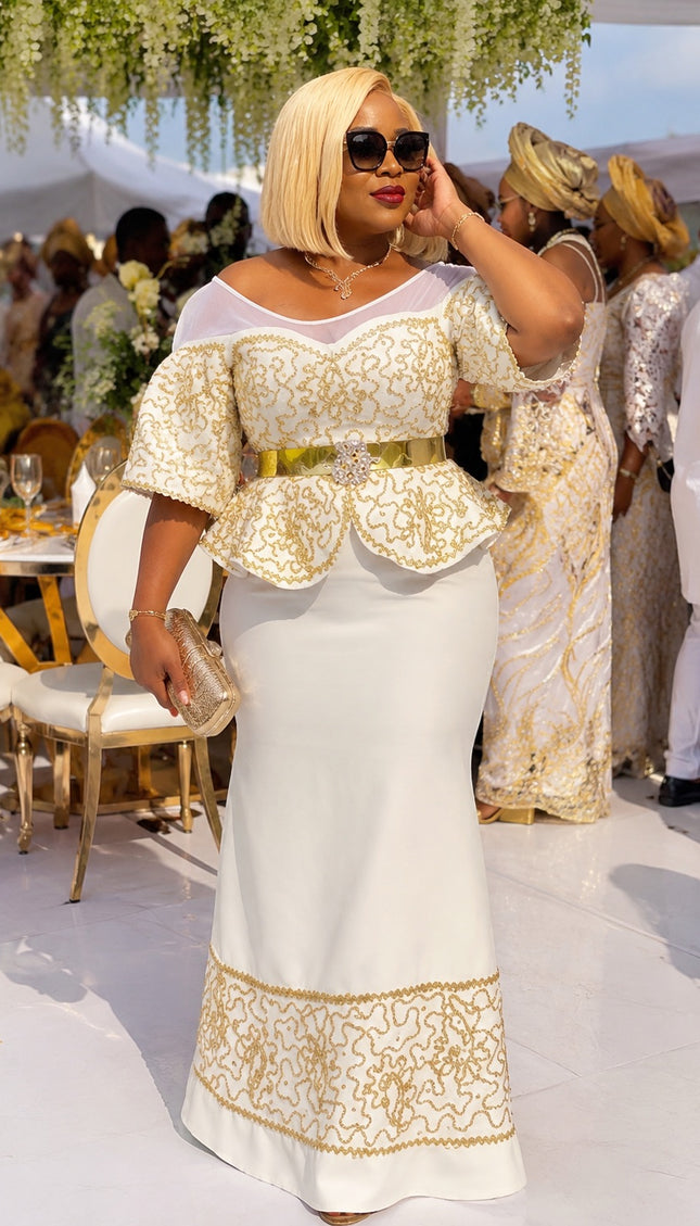 White & Gold Embroidered Peplum Party Dress for Birthday Cocktail Graduation Mother of the Groom