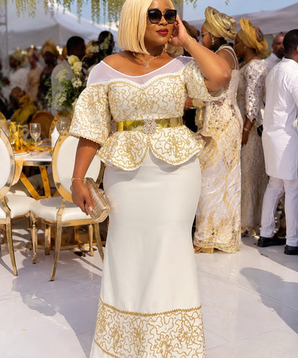 White & Gold Embroidered Peplum Party Dress for Birthday Cocktail Graduation Mother of the Groom