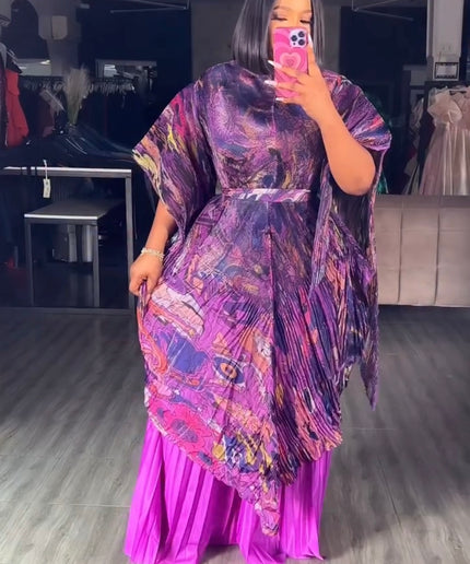 Asymmetic Pleated Kaftan Top & Wide Leg Pants, 3-Piece Outfit for Wedding Guest Engagement Ceremony Dinner Party