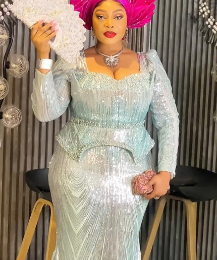 Pink Sequin Embellished Peplum Mermaid Gown