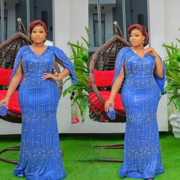 Metallic Orange Embellished Cape Sleeve Mermaid Gown