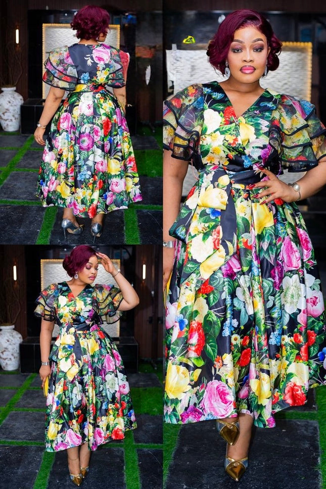 Yellow Ruffle Sleeve Floral Midi Dress - Wedding Guest Graduation Dinner Birthday Photoshoot