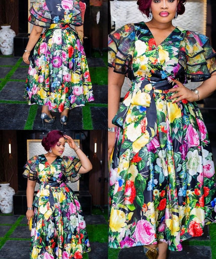 Yellow Ruffle Sleeve Floral Midi Dress - Wedding Guest Graduation Dinner Birthday Photoshoot