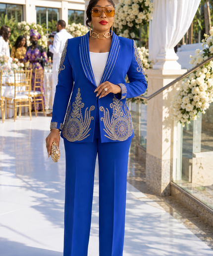 Luxury White Embellished Pant 2-Piece Suit Set Rhinestone Blazer & Wide Leg Trousers Wedding Guest Mother of the Bride Church Anniversary Graduation Special Occasion Outfit
