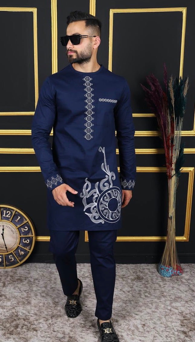 African Men's Traditional Wedding Attire, Blue Embroidered Shirt & Pants Cotton 2-Piece Set, Groom Groomsmen Outfit Graduation Birthday Party
