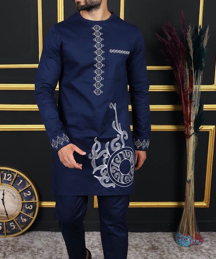African Men's Traditional Wedding Attire, Black Embroidered Shirt & Pants Cotton 2-Piece Set, Groom Groomsmen Outfit Graduation Birthday Party