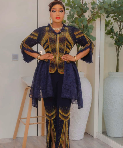 Navy Blue Rhinestone Stretch Top & Split Pants, 2-Piece Set Birthday Party Outfit Wedding Guest Anniversary Cocktail Dinner