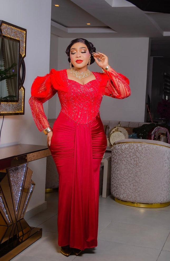 Red Beaded Ruffle Sleeve Ruched Draped Evening Dress: Mother of The Bride Wedding Guest Cocktail Party