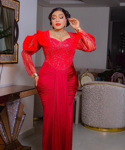 Red Beaded Ruffle Sleeve Ruched Draped Evening Dress: Mother of The Bride Wedding Guest Cocktail Party