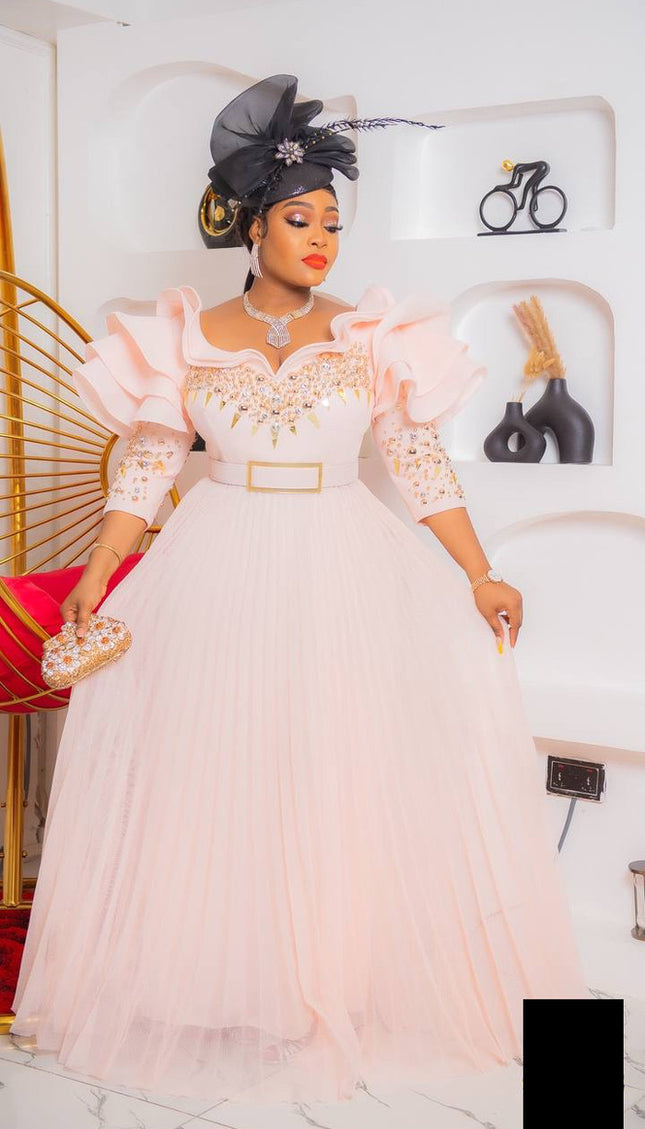 Ruffle Sleeve Embellished A-line Gown