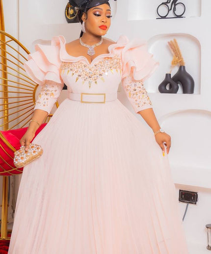 Ruffle Sleeve Embellished Pleated A-line Gown