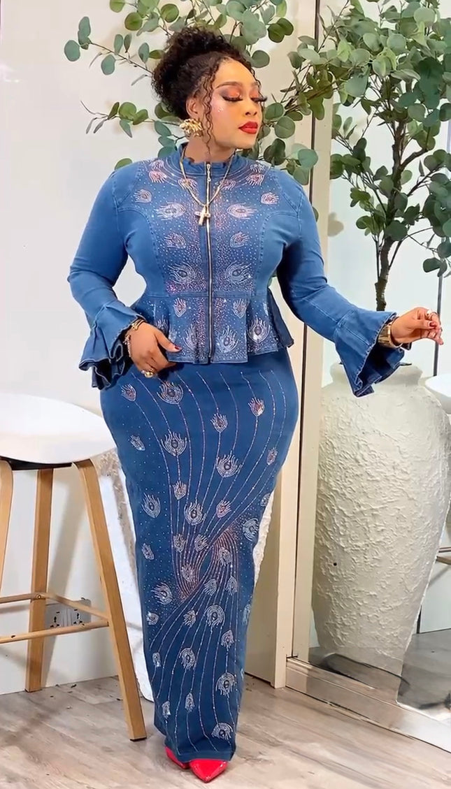 Sexy Denim & Diamonds 2-Piece Set, Rhinestone-Embellished Peplum Top and Skirt Stretch Jeans for Birthday Party Dinner