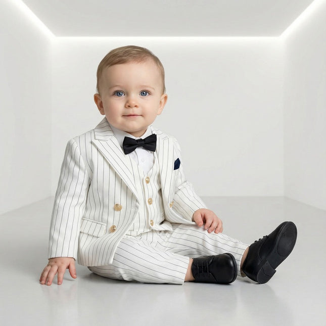 Boys' Pinstripe Slim Fit 5-Piece Suit Set: Wedding Ring Bearer Baptism Graduation Birthday Party Photoshoot