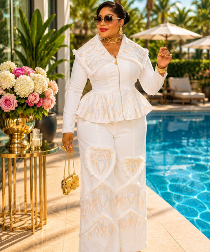 Black Denim & Diamonds 2-Piece Party Outfit, Cotton Rhinestone Bling Curvy Plus Size Stretch Jeans Peplum Top & Wide-Leg Pants Set, Birthday Photoshoot Weekend Get-Together Cocktail Dinner