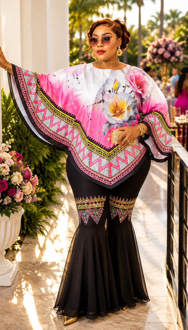 Orange Floral Rhinestone Kaftan Top & Black Bell Bottom Pants Curvy 2-Piece Set Birthday Dinner Cocktail Wedding Guest Party Outfit