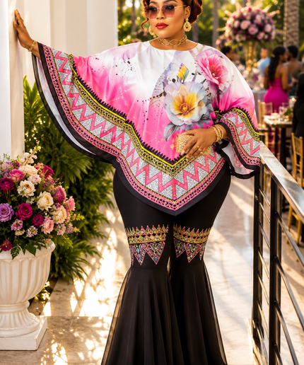 Dressed in Pink Floral Rhinestone Kaftan Top & Black Bell Bottom Pants Curvy Two-Piece Set Birthday Dinner Cocktail Reception Wedding Guest Party Outfit