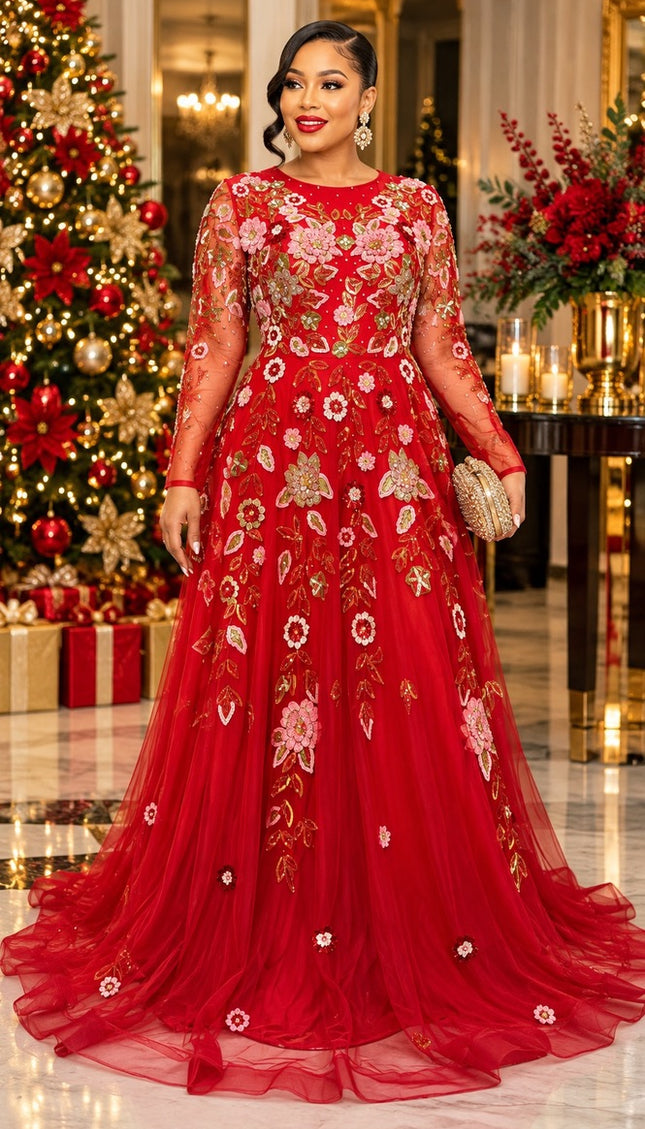 "Holiday Party Fashion" Red Hand-Stitched Floral Sequins, Crystals & Beaded Embellishments A-Line Gown for Bridal Evening Reception Dress