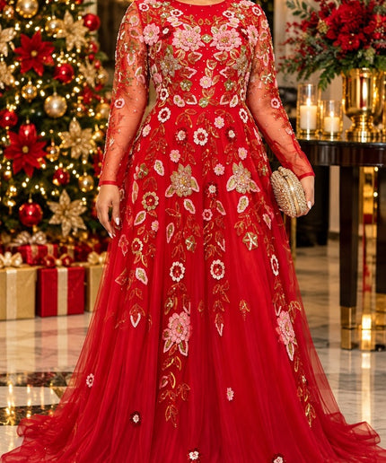 "Holiday Party Fashion" Red Hand-Stitched Floral Sequins, Crystals & Beaded Embellishments A-Line Gown for Bridal Evening Reception Dress